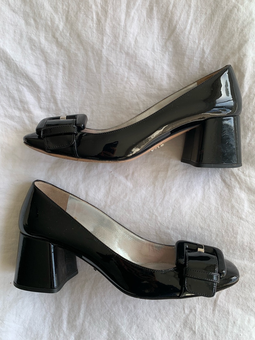 Vintage Prada Buckle Patent Leather Glossy Square Toe Block Heels Black Silver